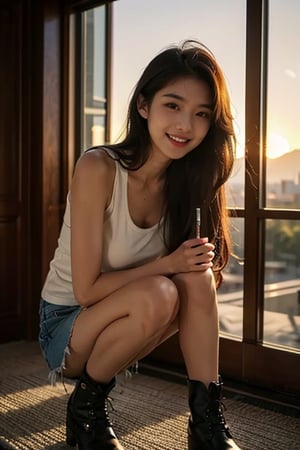 (masterpiece, top quality, best quality,1girls,Korean, beautiful face, smile, long hair, 16 years old, tank top, jacket, shorts, boots, hills, full body view, sunset,interior