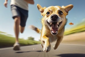 A cute, yellow striped dog, with a very scared face and a fish in its mouth, running from a man chasing it. Hyper realism, frontal perspective, speed blur. funny.