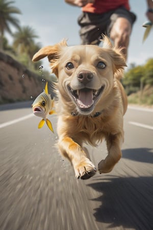 A cute, yellow striped dog, with a very scared face and a fish in its mouth, running from a man chasing it. Hyper realism, frontal perspective, speed blur. funny.