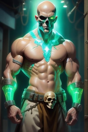 A towering figure with a pale, pasty yellow skin tone stands before you, his muscular frame exuding strength and power. His bald head gleams in the light, but it's the lights, with turquoise green glowing lights, emanating from the deep stitched skull sutures that run from the base of his skull at the rear to the eye socket in the front, electic current jumping from the metal bolts in his neck,stich marks from, his limbs being sewed into place, truly catches your eye.