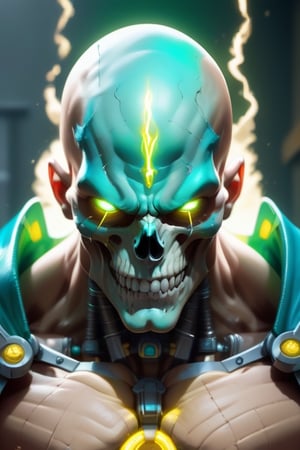A towering figure with a pale, pasty yellow skin tone stands before you, his muscular frame exuding strength and power. His bald head gleams in the light, but it's the lights, with turquoise green glowing lights, emanating from the deep stitched skull sutures that run from the base of his skull at the rear to the eye socket in the front, electic current jumping from the metal bolts in his neck,stich marks from, his limbs being sewed into place, truly catches your eye.