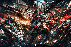 8k resolution, Sharp, ultra detailed, Dynamic Compostion, Mecha Girl, Dragon Girl, Slim, Short Black Hair, Red Eyes, Confident, Mecha Dragon, Dragon, Mecha, Dynamic, Abstract, Colorful, Action packed, in Motion, Blurred Motions, 