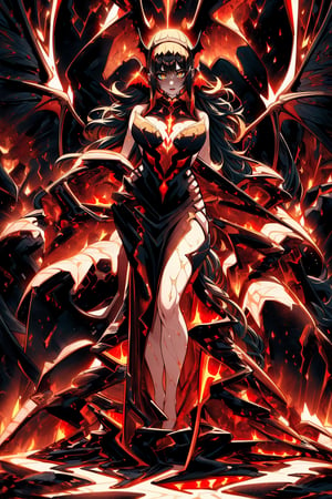 (masterpiece, Best quality, ultra detailed, highres), MagmaTech,  1girl, female imp, (Magma Queen), detailed anatomy, gorgeous, confident, very long wavy black hair, yellow eyes, slit pupils, ((red skin)), (bat wings), flowing (magma dress), dark sky, dynamic angle, interesting pose, dimly lit, full body