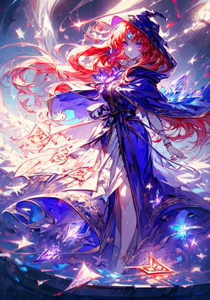 (Best Quality, Highly Detailed, 8k resolution), 1girl, female Sorcerer (detailedface, (gorgeous, cute)), her Incredibly long flowing red hair frames her curvy figure, she wears a long hooded robe with myriad ancient symbols embroidered in its fabric (GlowingRunes_Purple, Luminescent), (dreamy atmosphere), (massive crystals, luminescent crystals), complex lighting, scattered light, full body, watercolor \(medium\)