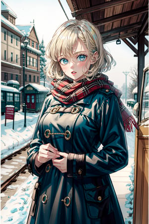 (Masterpiece, Best Quality, High Resolution, Highly detailed), small teenage girl, ((irresistably cute, super adorable)), blush, DetailedFace, piercing blue eyes, glowing eyes, perfect eyes, (voluminous ashblonde hair), hair over eyes, village girl, Very big Oversized breasts, (Big oversized patchwork coat), grey winter coat, patches, dark blueish scarf, absurd res, winter, fantasy, 1900s train station in background, ratatatat74 style, UltraPlus style, 
