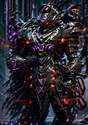 warrior of the aegis, in the style of hauntingly beautiful illustrations, anime-inspired characters, ((Black) and Red), swirling vortexes, lit kid, dreamy atmosphere, close up, (GlowingRunes_Purple on Armor),Mecha warrior