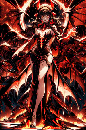 (masterpiece, Best quality, ultra detailed, highres), MagmaTech,  1girl, female imp, (Magma Queen), detailed anatomy, gorgeous, confident, very long wavy black hair, yellow eyes, slit pupils, ((red skin)), (bat wings), flowing (magma dress), dark sky, dynamic angle, interesting pose, dimly lit, full body