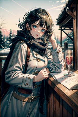 (Masterpiece, Best Quality, High Resolution, Highly detailed), small teenage girl, ((irresistably cute, super adorable)), DetailedFace, piercing blue eyes, glowing eyes, perfect eyes, (voluminous ashblonde hair), hair over eyes, village girl, Very big Oversized breasts, (Big oversized patchwork coat), grey winter coat, patches, dark blueish scarf, absurd res, winter, fantasy, 1900s train station in background, somber atmosphere, ratatatat74 style, UltraPlus style, 