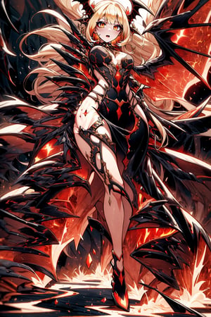 (masterpiece, Best quality, ultra detailed, highres), MagmaTech,  1girl, female imp, (Magma Queen), detailed anatomy, gorgeous, confident, very long wavy black hair, yellow eyes, slit pupils, ((red skin)), bat wings, magma dress, spell blade, dark sky, dynamic angle, interesting pose, dimly lit, full body