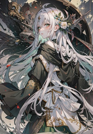 (masterpiece), best quality, ultra detailed, ((high resolution)), young woman with serene yet hauntingly captivating presence, pale complexion, porcelain-like complexion, eyes with mesmerizing shade of vibrant green, looking at viewer, long flowing silver hair that cascades down her back, contrasting with her dark attire, flowing tattered black robe, robe adorned with golden embroidery, embroidered robe, mysterious, elegant, sacred, ethereal aura, otherworldly aura,