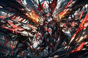 8k resolution, Sharp, ultra detailed, Dynamic Compostion, Mecha Girl, Dragon Girl, Slim, Short Black Hair, Red Eyes, Confident, Mecha Dragon, Dragon, Mecha, Dynamic, Abstract, Colorful, Action packed, in Motion, Blurred Motions, 