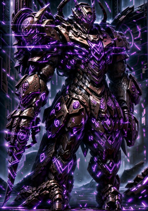warrior of the aegis, in the style of hauntingly beautiful illustrations, anime-inspired characters, ((Black) and Purple), swirling vortexes, lit kid, dreamy atmosphere, ((GlowingRunes_Purple) on Armor), Mecha warrior, (Powerful Pose, Dynamic, Mechlord, Machina),