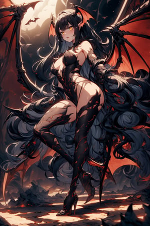 masterpiece, Best quality, ultra detailed, highres, female imp, detailed anatomy, very long wavy black hair, yellow eyes, slit pupils, red skin, bat wings, dark sky, undergound location, night, lava river, demons in background, dynamic angle, dimly lit, MagmaTech, full body