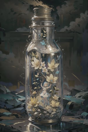 Highres, best quality, extremely detailed, area lighting in background, HD, 8k, extremely intricate:1.3), 1 girl, realistic, SMALL BODY, CUTE, GlowingRunes_yellow, stomach, elf, fairies, phgls, in container, Transparent colorless vaze, colorful flowers, warm colors, softly painted, very dark background, impressionistic, abstract, 