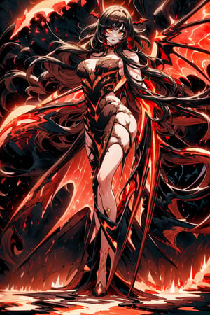 (masterpiece, Best quality, ultra detailed, highres), MagmaTech,  1girl, female imp, (Magma Queen), detailed anatomy, gorgeous, confident, very long wavy black hair, yellow eyes, slit pupils, ((red skin)), (bat wings), flowing (magma dress), dark sky, dynamic angle, interesting pose, dimly lit, full body