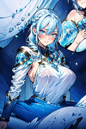 (masterpiece:1.2), (best quality), (detailed background), (ultra detailed), Sole female, Ice Queen, Beautiful Woman, Gorgeous, blush, stylish white hair with french braids, glowing neon blue eyes, wearing a white regal winter mantle, white mantle adorned with ice crystals, Thick white winter cape, winter, Iceland location, close up, upper body, blizzard storm background, large weapon, holding ice crystal great sword, snowing, ratatatat74 style, takeda hiromitsu style, 