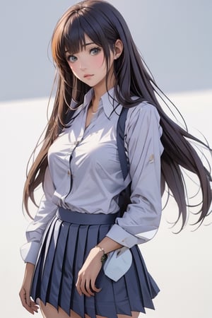 Anime style, female student, beautiful, long straight brown hair, bangs, big breasts, long-sleeved white shirt, gray-blue pleated skirt, white background,high_school_girl,midjourney