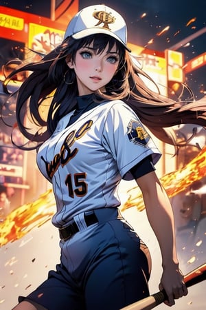 Anime baseball player in uniform swinging a baseball bat, Highly detailed official artwork, Detailed digital anime art, Scope Murata and Artgerm, [4k Digital Art]!!, Clean detailed anime art, Art germ and Atey Ghailan, Marin Kitakawa fan art, best animated 4k konachan wallpapers, movie lights, filters, 1girl, detailed face, beautiful and detailed eyes, (big breasts 1.2), big ass, dynamic angles, delicate and beautiful hair, extremely detailed and beautiful cloth, perfect face, perfect eyes, perfect lips, (baseball uniform), (baseball cap), (cowboy shooting), zettai Ryouiki (baseball field 1.5), high-detailed, midway, high-detailed, (bouncing breasts 1.3), silhouette