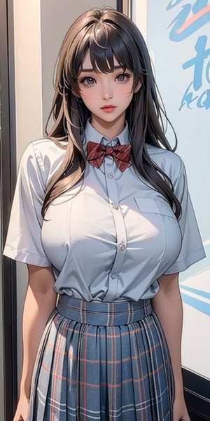 ealistic image of elegant lady, Korean beauty, supermodel, straight brown hair, (bangs 1.3), beautiful eyes, radiant, ice theme, custom design, 1girl, Venus figure with big breasts, red bow tie, white shirt, short sleeves, gray-blue plaid skirt, standing, school,sasha