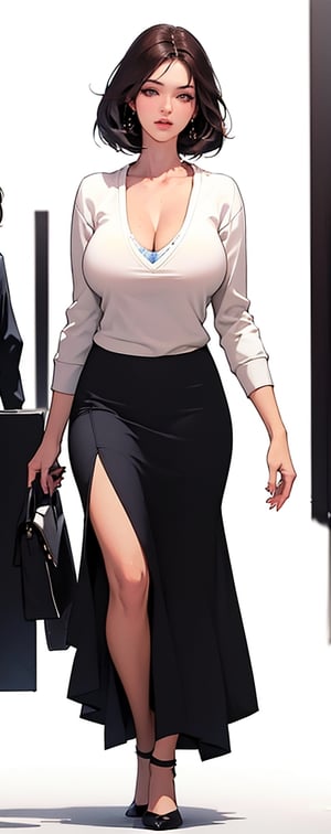 (Masterpiece), (Realistic), (Excellent), (Super Detailed), Awesome, beautiful office girl, Korean girl, 28 years old, full body, (wearing white long-sleeved sweater 1.2), blue and black skirt, beautiful eyes, light Pink lips, slightly parted lips, delicate eye makeup, slightly chubby figure, collarbone, big breasts, cleavage, brown hair, bangs, high heels, walking, (white background 1.1), silhouette
