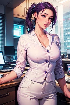 (Masterpiece), (Realistic), (Best Quality), (Super Detailed), Awesome, 1 beautiful office girl, 26 years old, front, half body, (wearing white suit), (white trousers), beautiful eyes, light pink lips, slightly parted lips, smile, exquisite eye makeup, collarbones, big breasts, dark purple hair, (ponytail), office
