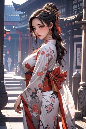 1girl, (Masterpiece: 1.4) (She wears a beautiful skirt that only those with a pure heart can see), kimono, (big breasts 1.5), beautiful underwear, beautiful embroidery, beautiful cloth, exquisite decoration, gorgeous, prominent ,japan background,mansion,palace,bogar,((beautiful background)),detailed drawing,wonderful,emotion,Chinese style