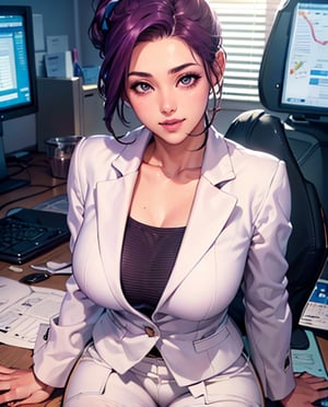 (Masterpiece), (Realistic), (Best Quality), (Super Detailed), Awesome, 1 beautiful office girl, 26 years old, front, half body, (wearing white suit), (white trousers), beautiful eyes, light pink lips, slightly parted lips, smile, exquisite eye makeup, collarbones, big breasts, dark purple hair, (ponytail), office
