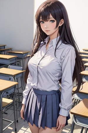 Anime style, female student, beautiful, long straight brown hair, bangs, big breasts, long-sleeved white shirt, gray-blue pleated skirt, white background,high_school_girl,midjourney,sagging breasts