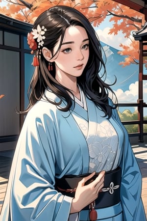 (Super refined), (Illustration), (Extremely refined and beautiful), Fake traditional media, Perfect body, Cowboy shooting, (Perspective), Kyoto style, (Sketch), (Close-up), (Beautiful and detailed girl in Japanese room: 1.47) ,Washitsu,(Solo:1.4),(HD Background,Japanese Garden:1.25),(Stream:0.55),Wooden Bridge,(Movie Lighting,Beautiful Detailed Glow:1.0),(Beautiful Detailed Eyes),Brown Hair , (big breasts 1.5), ((black cloak)), red kimono, hair flowers, hair accessories, shoulder hair, Japanese clothing, lace kimono, pom pom hair accessories, tassels, wavy hair, glitter, blue sky,( Autumn: 1.1), outdoor, (luminous particles: 0.85), maple trees in the distance, epic scene, (stone lantern, bonsai: 1.0), (white sand: 0.85), (rockery: 0.8), (Japanese architecture: 1.1), (outline deepening: 1.1), (flying fallen leaves), (dappled sunlight shining on her: 1.25), (Tyndale effect: 1.1), (clouds retain background: 1.1), (depth of field), highlight
,Milf,oda non,niji,sketch