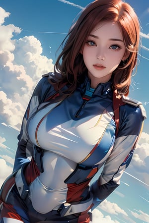1girl, (big breasts 1.5), red hair, (wearing Gundam Federation Army blue and white tight combat uniform 1.2), sky 1.3, cloud, nayeonlorashy,nayeonlorashy,Gundam girl,niji,sketch