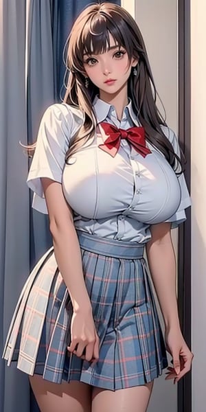 ealistic image of elegant lady, Korean beauty, supermodel, straight brown hair, (bangs 1.3), beautiful eyes, radiant, ice theme, custom design, 1girl, Venus figure with big breasts, red bow tie, white shirt, short sleeves, gray-blue plaid skirt, standing, school,sasha