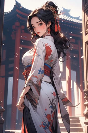 1girl, (Masterpiece: 1.4) (She wears a beautiful skirt that only those with a pure heart can see), kimono, (big breasts 1.5), beautiful underwear, beautiful embroidery, beautiful cloth, exquisite decoration, gorgeous, prominent ,japan background,mansion,palace,bogar,((beautiful background)),detailed drawing,wonderful,emotion,Chinese style