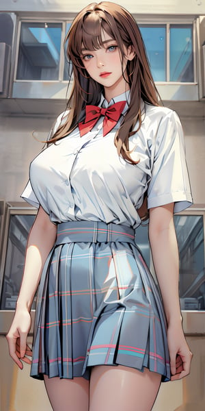 realistic image of elegant lady, Korean beauty, supermodel, straight brown hair, (bangs 1.3), beautiful eyes, radiant, ice theme, custom design, 1girl, Venus figure with big breasts, red bow tie, white shirt, short sleeves, gray-blue plaid skirt, standing, campus background 1.5,wlop