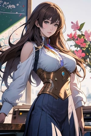 Anime schoolgirl posing with huge breasts, Victor Wang's concept art, art site contest winner, fantasy art, cg site trend, guweiz's art site on pixiv, beautiful and charming anime woman, slightly voluptuous figure, big breasts, brown hair, (Student Uniform 1.5), 2.5D cgi anime fantasy artwork, very detailed art sprout, ross tran 8k, guweiz on pixiv art site, classroom background, outline
