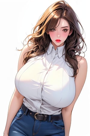 (Extremely realistic MAX, best quality, masterpiece, high resolution, high quality, high details, perfect human anatomy, 16K, very fine details, premium RAW photos, realistic face and body, various colors detailed , film lighting), 1girl, solo, breasts, looking at the viewer, brown hair, simple background, shirt, white background, jeans, sleeveless, midriff, waistband, hair over one eye, lustful, confused look, angelawhite
