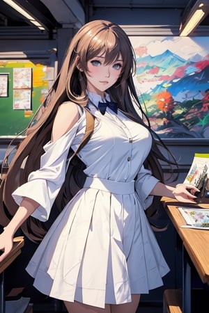 Anime schoolgirl posing with huge breasts, concept art by Victor Wang, art station contest winner, fantasy art, cg station trend, art station by guweiz on pixiv, beautiful and charming anime woman, big breasts, brown hair, student uniform, 2. 5d cgi anime fantasy artwork, very detailed artistic sprout, ross tran 8k, guweiz on pixiv art site, classroom background, outline