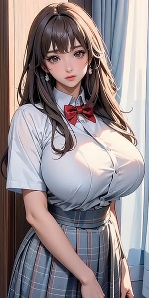 ealistic image of elegant lady, Korean beauty, supermodel, straight brown hair, (bangs 1.3), beautiful eyes, radiant, ice theme, custom design, 1girl, Venus figure with big breasts, red bow tie, white shirt, short sleeves, gray-blue plaid skirt, standing, school,sasha