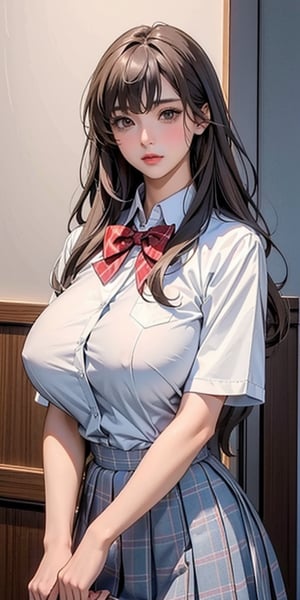 ealistic image of elegant lady, Korean beauty, supermodel, straight brown hair, (bangs 1.3), beautiful eyes, radiant, ice theme, custom design, 1girl, Venus figure with big breasts, red bow tie, white shirt, short sleeves, gray-blue plaid skirt, standing, school,sasha