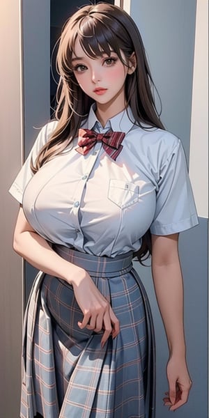 ealistic image of elegant lady, Korean beauty, supermodel, straight brown hair, (bangs 1.3), beautiful eyes, radiant, ice theme, custom design, 1girl, Venus figure with big breasts, red bow tie, white shirt, short sleeves, gray-blue plaid skirt, standing, school,sasha