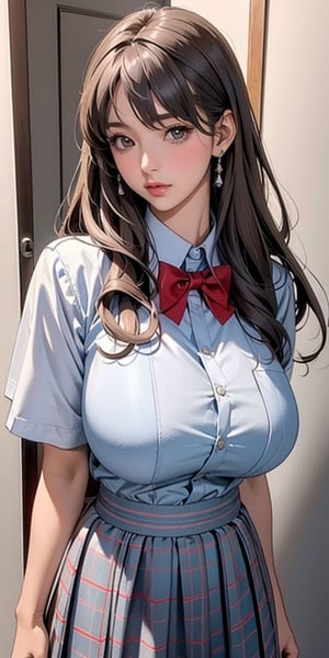 ealistic image of elegant lady, Korean beauty, supermodel, straight brown hair, (bangs 1.3), beautiful eyes, radiant, ice theme, custom design, 1girl, Venus figure with big breasts, red bow tie, white shirt, short sleeves, gray-blue plaid skirt, standing, school,sasha