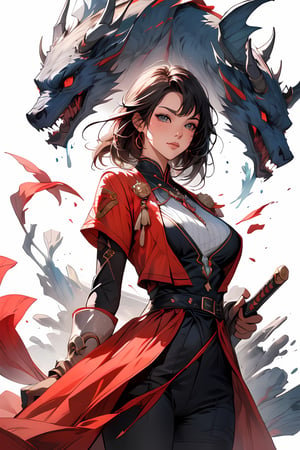  Close-up of a woman holding a sword in front of a demon, Drawn by Rose 1. 0, Drawn by Rose 2. 0, Art Sprout and Ruan Jia, Art Sprout and Drawn by Ross, by Yang J, Art Sprout and Ilya Kushinov , style raymond swanland, wlop and rossdraws, inspired by raymond swanland, big breasts,watercolor