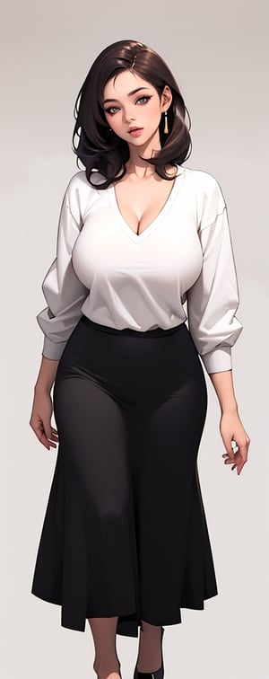 (Masterpiece), (Realistic), (Excellent), (Super Detailed), Awesome, beautiful office girl, Korean girl, 28 years old, full body, (wearing white long-sleeved sweater 1.2), blue and black skirt, beautiful eyes, light Pink lips, slightly parted lips, delicate eye makeup, slightly chubby figure, collarbone, big breasts, cleavage, brown hair, high heels, walking, (white background 1.1), silhouette