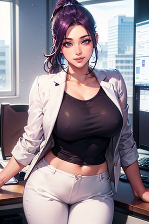 (Masterpiece), (Realistic), (Best Quality), (Super Detailed), Awesome, 1 beautiful office girl, 26 years old, front, half body, (wearing white suit), (white trousers), beautiful eyes, light pink lips, slightly parted lips, smile, exquisite eye makeup, collarbones, big breasts, dark purple hair, (ponytail), office, chair
