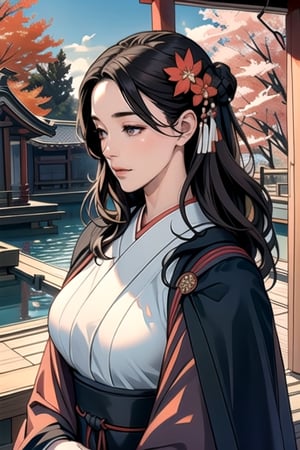 (Super refined), (Illustration), (Extremely refined and beautiful), Fake traditional media, Perfect body, Cowboy shooting, (Perspective), Kyoto style, (Sketch), (Close-up), (Beautiful and detailed girl in Japanese room: 1.47) ,Washitsu,(Solo:1.4),(HD Background,Japanese Garden:1.25),(Stream:0.55),Wooden Bridge,(Movie Lighting,Beautiful Detailed Glow:1.0),(Beautiful Detailed Eyes),Brown Hair , (big breasts 1.5), ((black cloak)), red kimono, hair flowers, hair accessories, shoulder hair, Japanese clothing, lace kimono, pom pom hair accessories, tassels, wavy hair, glitter, blue sky,( Autumn: 1.1), outdoor, (luminous particles: 0.85), maple trees in the distance, epic scene, (stone lantern, bonsai: 1.0), (white sand: 0.85), (rockery: 0.8), (Japanese architecture: 1.1), (outline deepening: 1.1), (flying fallen leaves), (dappled sunlight shining on her: 1.25), (Tyndale effect: 1.1), (clouds retain background: 1.1), (depth of field), highlight
,Milf,oda non,niji,sketch,manga