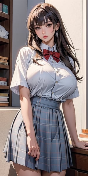 ealistic image of elegant lady, Korean beauty, supermodel, straight brown hair, (bangs 1.3), beautiful eyes, radiant, ice theme, custom design, 1girl, Venus figure with big breasts, red bow tie, white shirt, short sleeves, gray-blue plaid skirt, standing, school,sasha