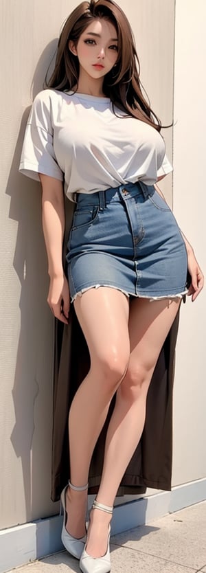 Korean beauty, supermodel, full body, brown straight hair, beautiful eyes, radiant, ice theme, custom design, 1girl, Weiner Slim body, big breasts, (long straight brown hair: 1.5), beautiful legs, casual clothes, short-sleeved white T-shirt, short skirt, casual shoes
