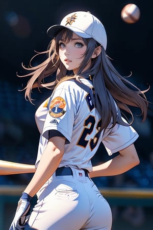 Anime Baseball Player in Uniform Swinging the Ball, Highly Detailed Official Artwork, Detailed Digital Anime Art, Scope Murata and Artgerm, [4k Digital Art]!!, Clean Detailed Anime Art, Art Germ and Atey Ghailan, Marin Kitakawa Fan art, best animated 4k konachan wallpapers, movie lights, filters, 1girl, detailed face, beautiful and detailed eyes, (big breasts 1.2), big ass, dynamic angles, fine and beautiful hair, extremely detailed and beautiful cloth, perfect face, perfect eyes, perfect lips, (baseball uniform), (baseball cap), (cowboy shooting), zettai Ryouiki (baseball field), high-detailed, midway, high-detailed, (bouncing breasts 1.3), silhouette
