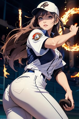 Anime baseball player in uniform swinging a baseball bat, Highly detailed official artwork, Detailed digital anime art, Scope Murata and Artgerm, [4k Digital Art]!!, Clean detailed anime art, Art germ and Atey Ghailan, Marin Kitakawa fan art, best animated 4k konachan wallpapers, movie lights, filters, 1girl, detailed face, beautiful and detailed eyes, (big breasts 1.2), big ass, dynamic angles, delicate and beautiful hair, extremely detailed and beautiful cloth, perfect face, perfect eyes, perfect lips, (baseball uniform), (baseball cap), (cowboy shooting), zettai Ryouiki (baseball field 1.5), high-detailed, midway, high-detailed, (bouncing breasts 1.3), silhouette