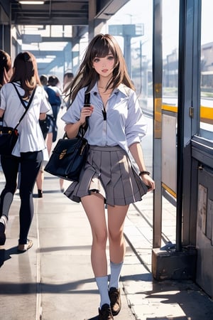 Reality, 1 female high school student (Masterpiece 1.2), (Ultra HD 1.2), (High Resolution 4K), white shirt, (roll up the sleeves), blue school skirt, black leather shoes, black socks, black school bag, big breast collarbone , brown eyes, long brown hair, (air bangs), (bangs covering forehead) perfect eyes, perfect hands, perfect legs, perfect body, perfect lips, full of energy, standing by the window in the school hallway, The campus background outside the window,midjourney,outline,sasha