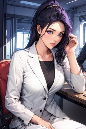 Office girl, beautiful, black and purple hair, white suit 1.3, white trousers, black T-shirt, red office chair, files, dark underground secret room
,midjourney,High detailed 